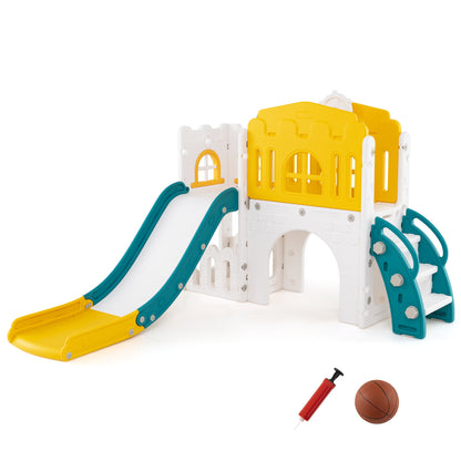 9-in-1 Toddler Slide L-Shaped with Basketball Hoop and Steering Wheel-Yellow