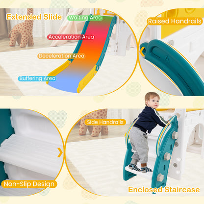 9-in-1 Toddler Slide L-Shaped with Basketball Hoop and Steering Wheel-Yellow
