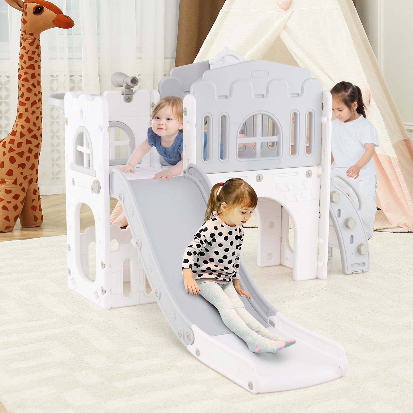 9-in-1 Toddler Slide L-Shaped with Basketball Hoop and Steering Wheel-Gray