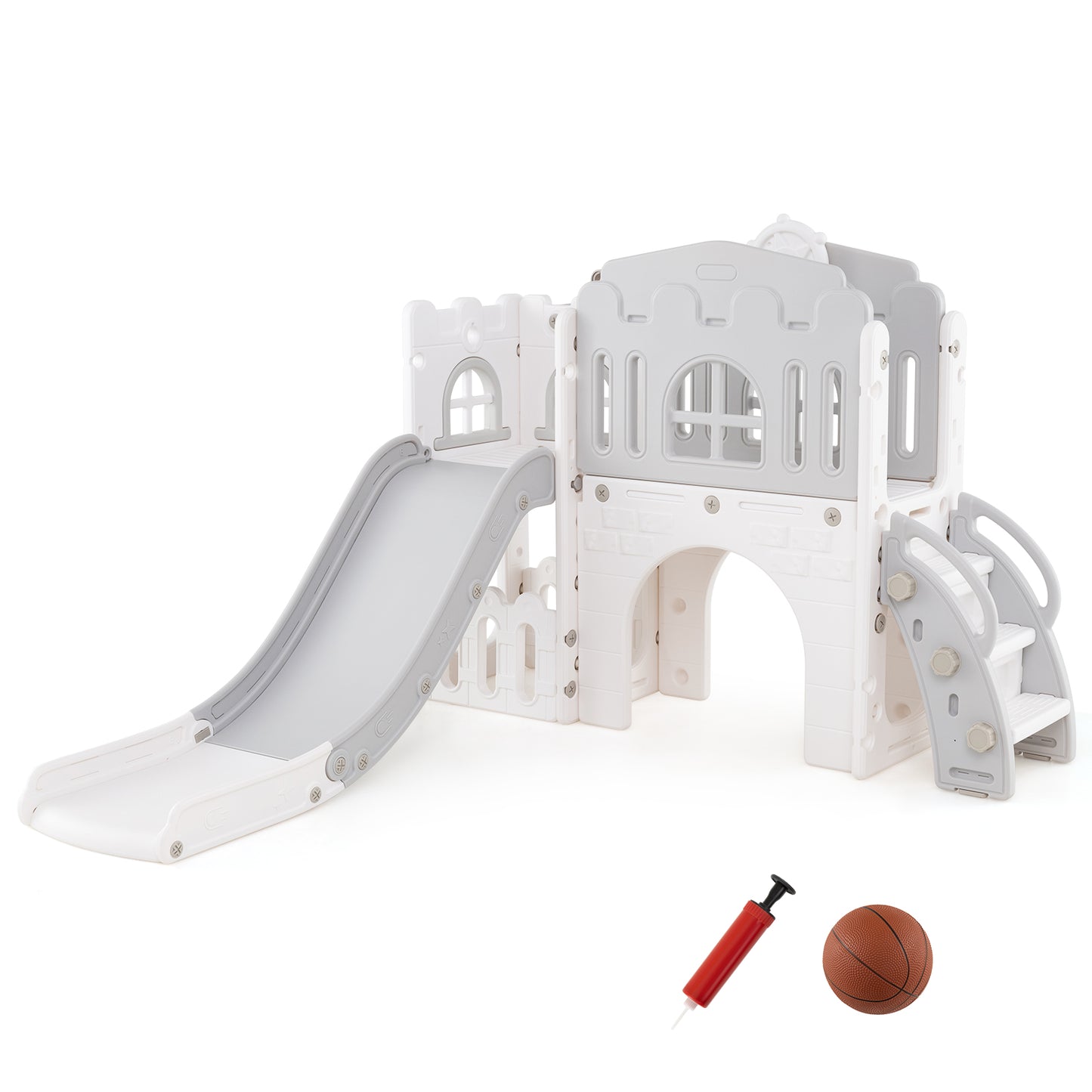 9-in-1 Toddler Slide L-Shaped with Basketball Hoop and Steering Wheel-Gray