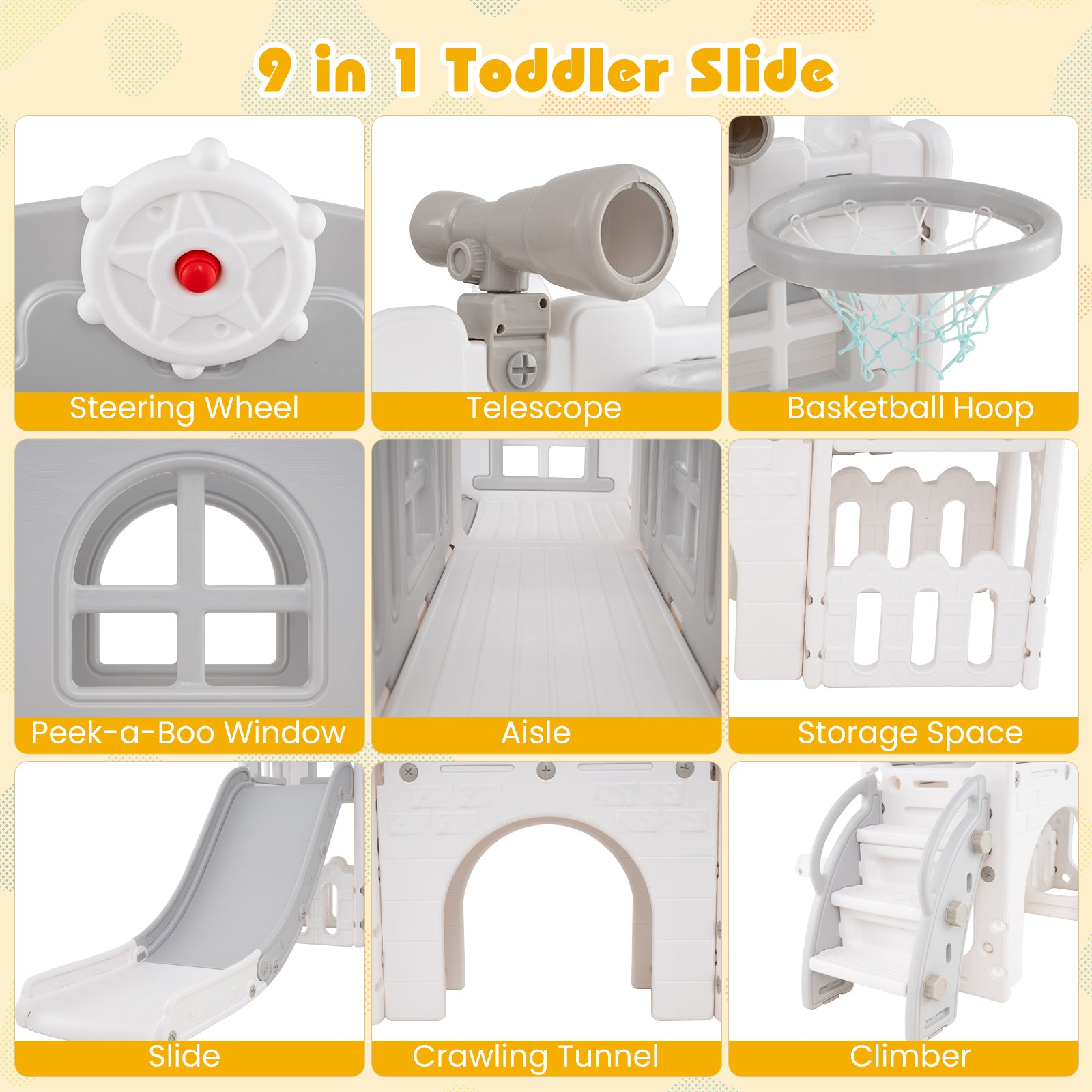 9-in-1 Toddler Slide L-Shaped with Basketball Hoop and Steering Wheel-Gray