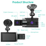 2K Car DVR 3 Channel Dash Cam Camcorder Camera Recorder