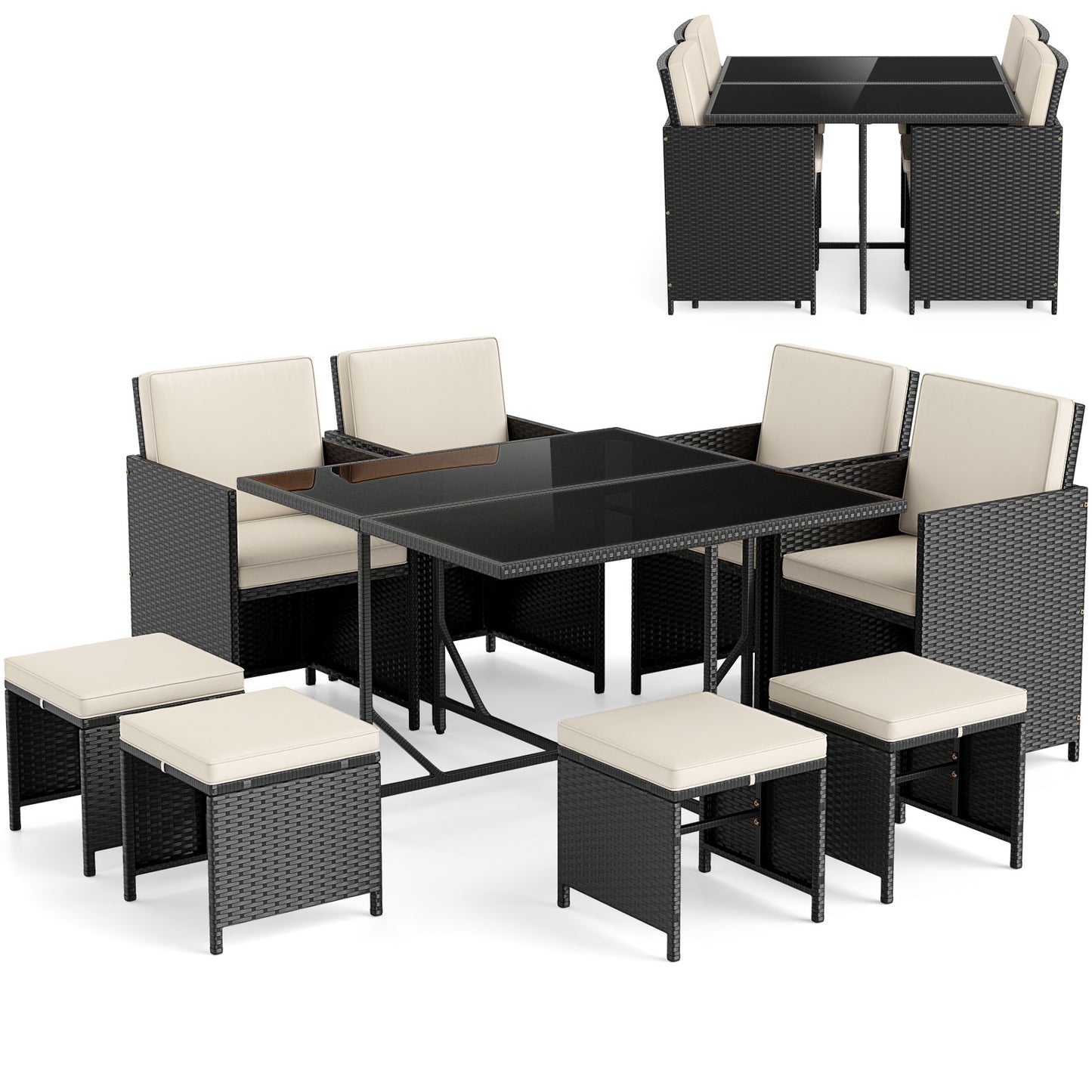 9 Piece Patio Dining Set with Tempered Glass Table and Ottoman