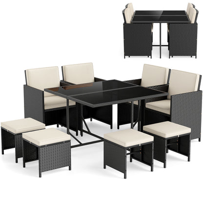 9 Piece Patio Dining Set with Tempered Glass Table and Ottoman