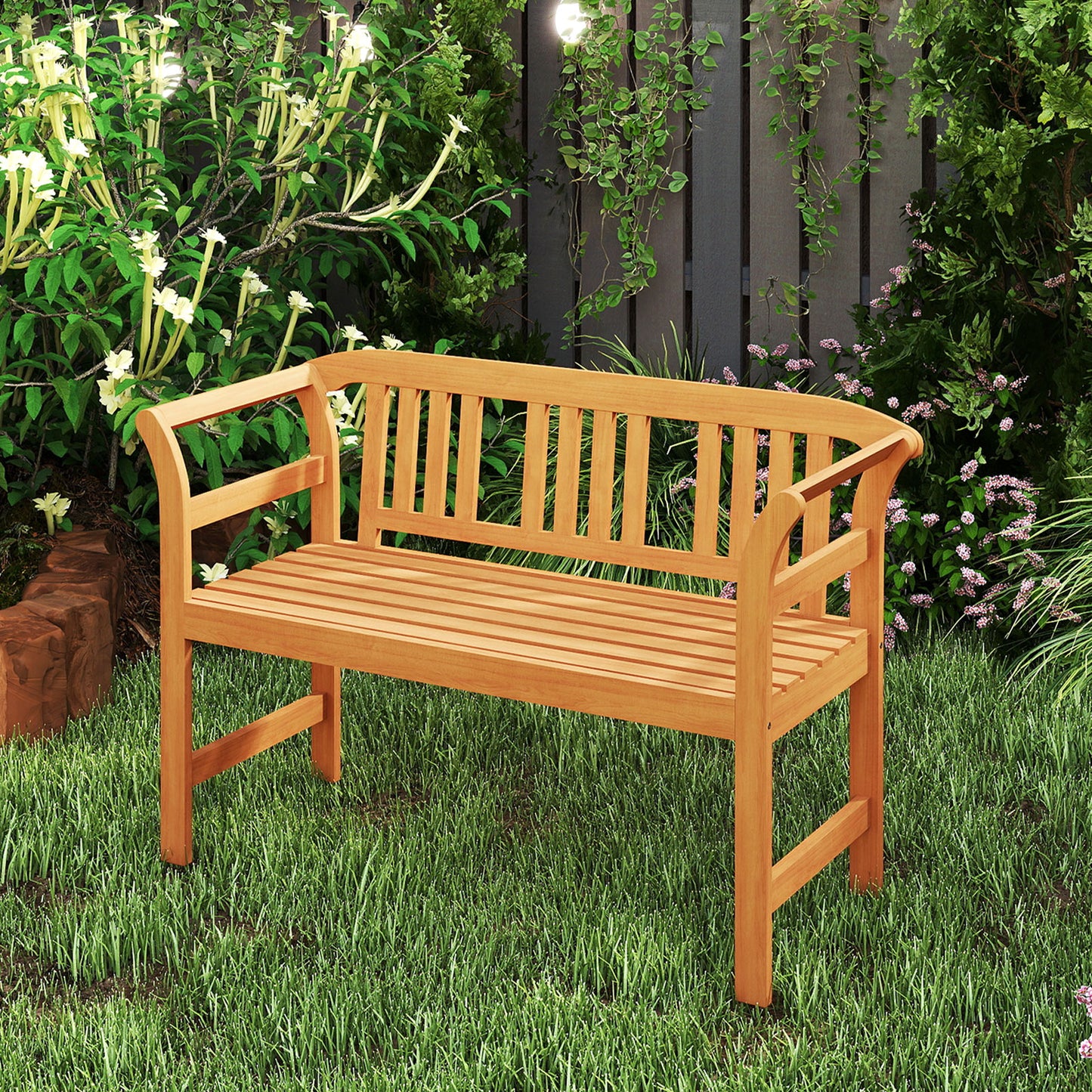 Acacia Wood 2-Person Patio Loveseat with Backrest and Armrests