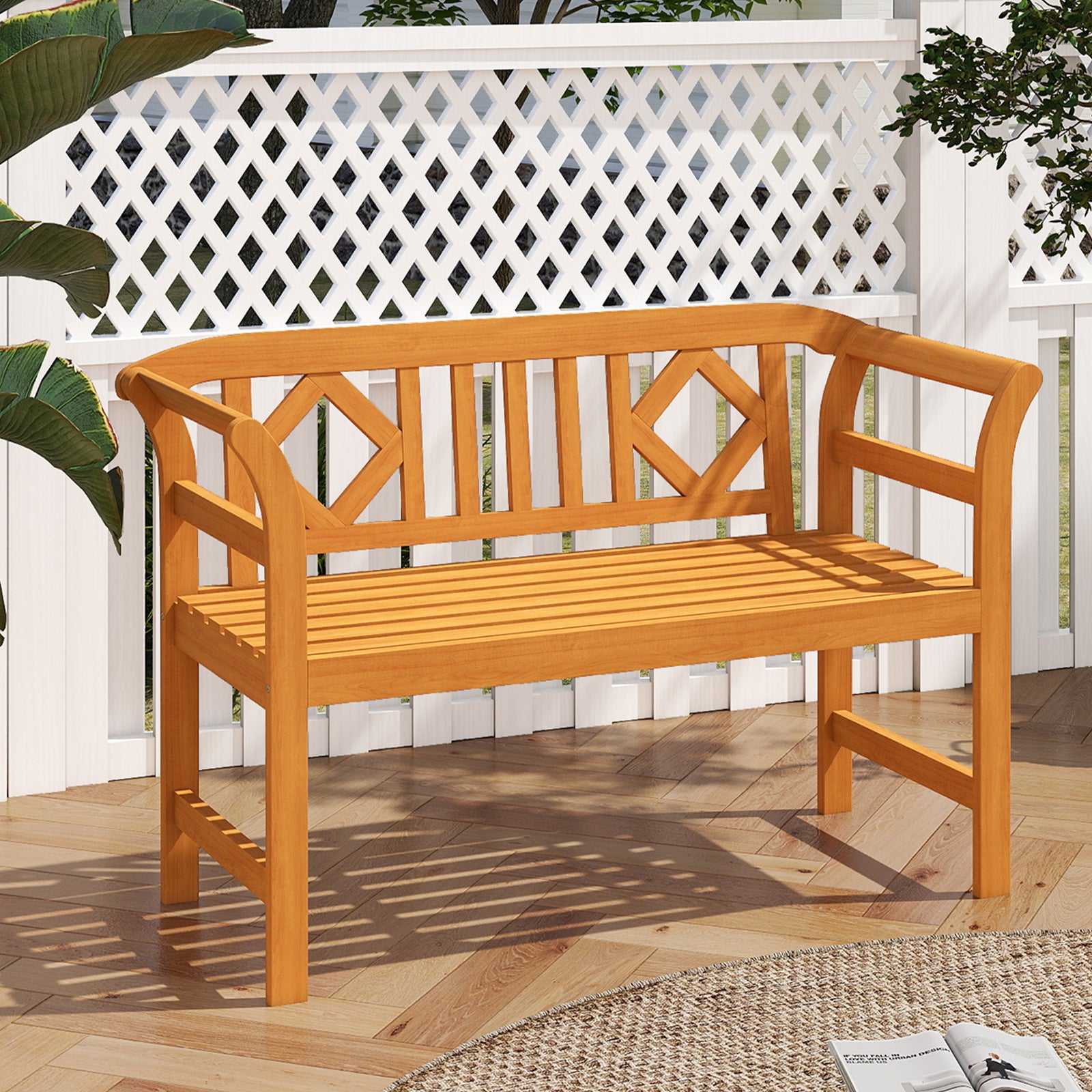 Acacia Wood 2-Person Patio Loveseat with Backrest and Armrests for Porch