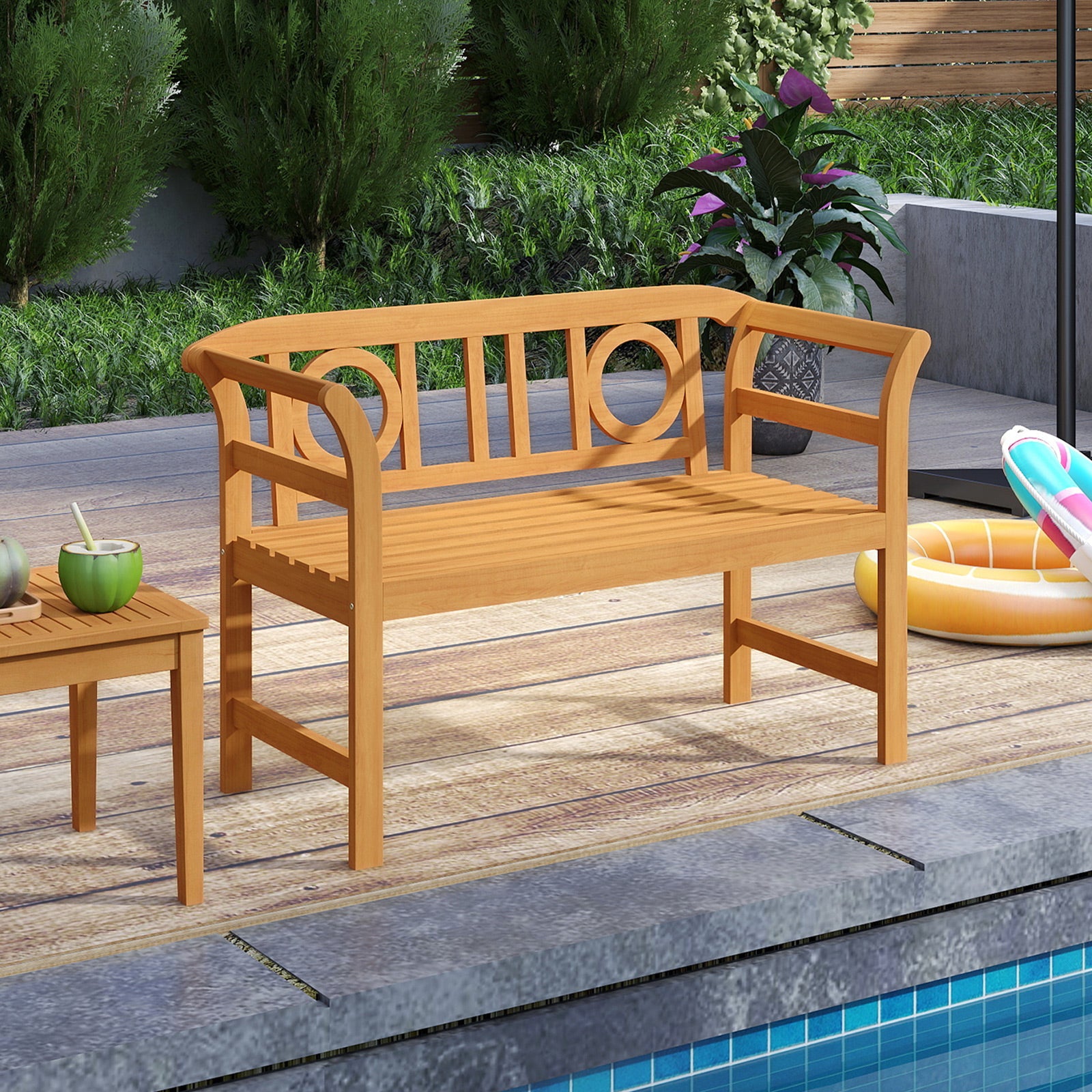 Acacia Wood 2-Person Patio Loveseat with Backrest and Armrests for Backyard