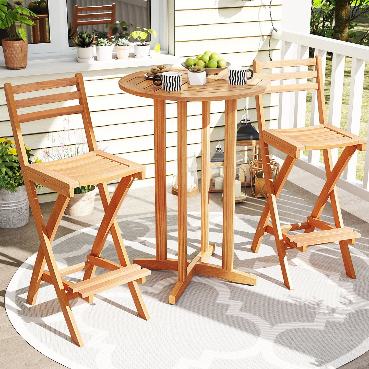 Acacia Wood Bar Height Chair with Backrest and Footrest for Backyard-Set of 1
