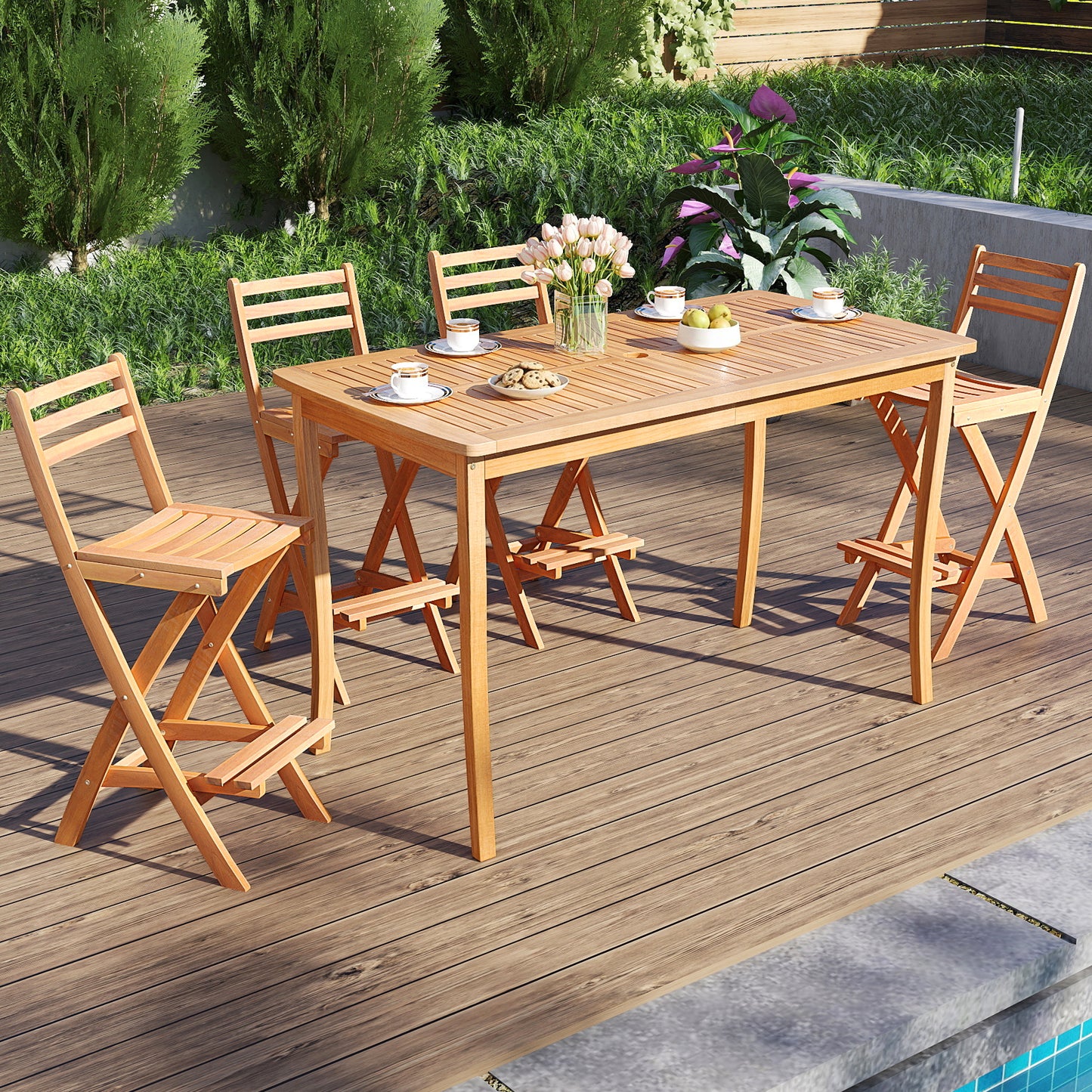 Acacia Wood Bar Height Chair with Backrest and Footrest for Backyard-Set of 1