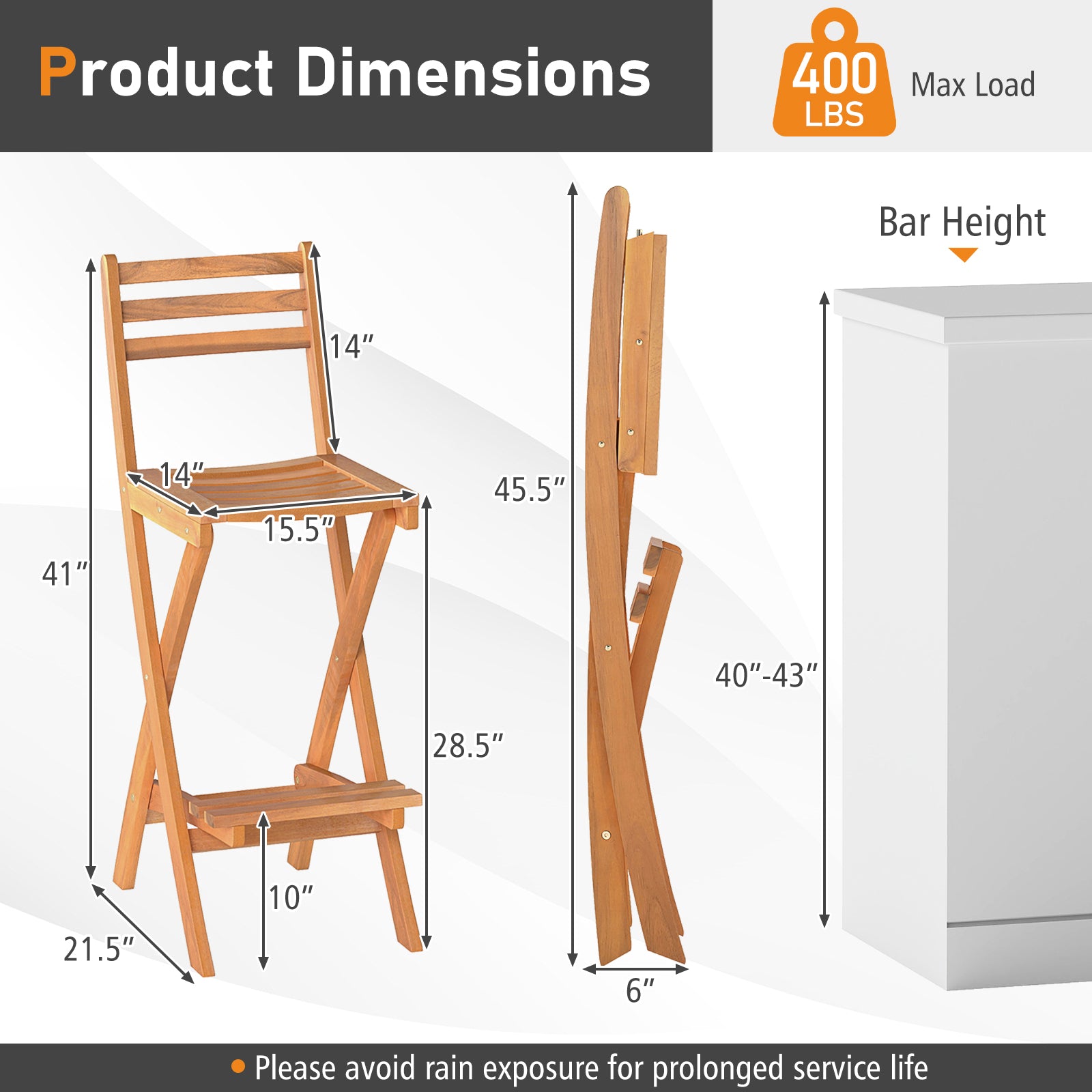Acacia Wood Bar Height Chair with Backrest and Footrest for Backyard-Set of 4