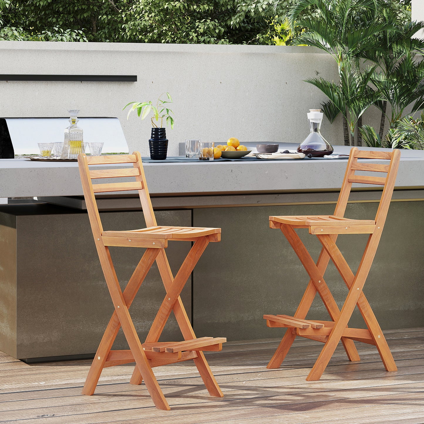Acacia Wood Bar Height Chair with Backrest and Footrest for Backyard-Set of 4