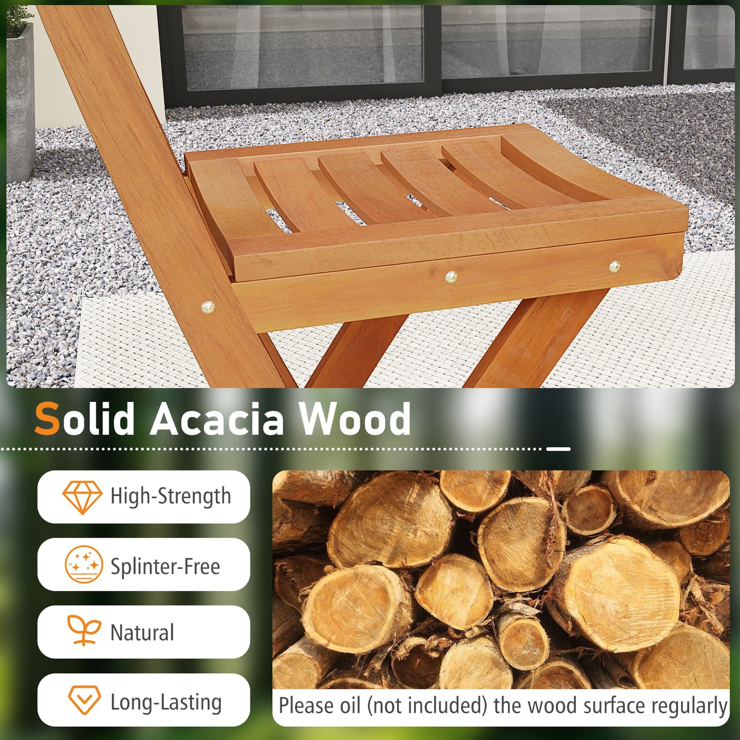 Acacia Wood Bar Height Chair with Backrest and Footrest for Backyard-Set of 4