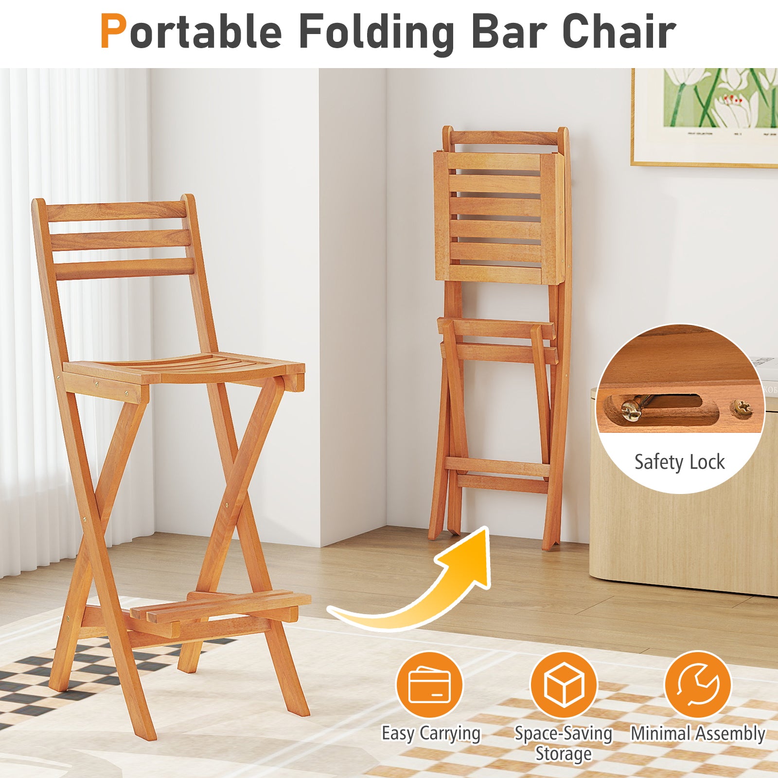 Acacia Wood Bar Height Chair with Backrest and Footrest for Backyard-Set of 4