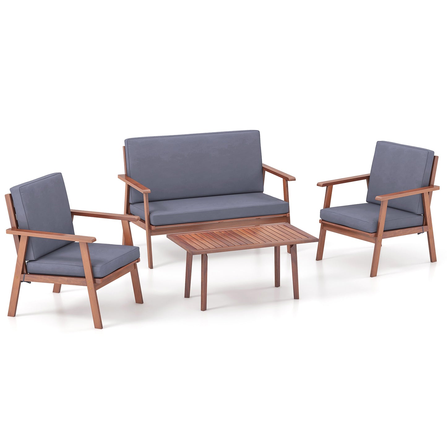 4 Piece Outdoor Acacia Wood Conversation Set with Soft Seat and Back Cushions-Gray - Gray