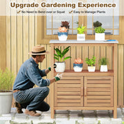 Outdoor Potting Bench Acacia Wood Garden Potting Table Planting Work Bench Station with Louvered Doors