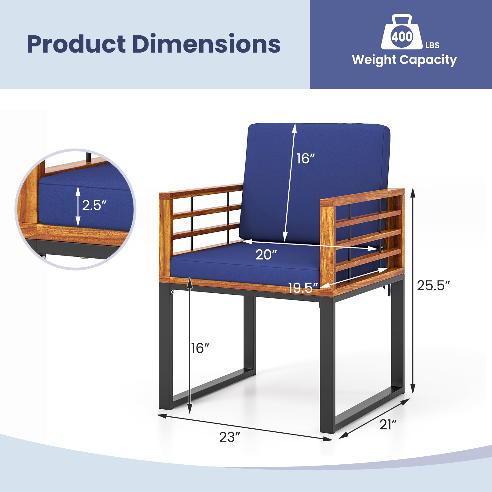 Acacia Wood Outdoor Dining Chairs Set of 2 with Soft Cushions-Navy