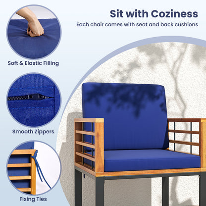 Acacia Wood Outdoor Dining Chairs Set of 2 with Soft Cushions-Navy
