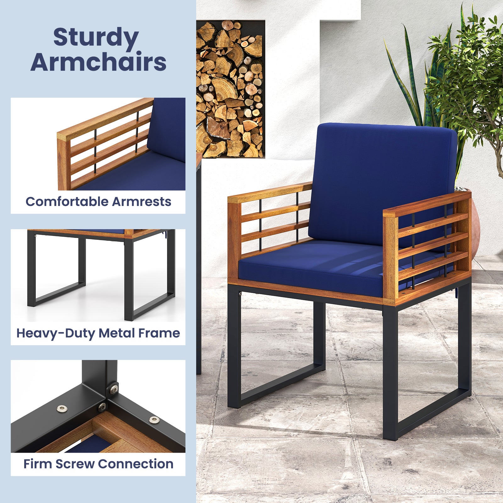Acacia Wood Outdoor Dining Chairs Set of 2 with Soft Cushions-Navy