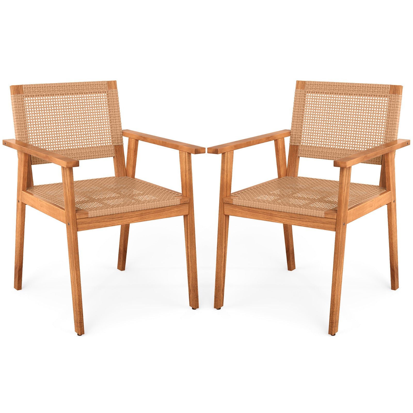 Acacia Wood Outdoor Dining Chairs Set of 2 PE Rattan Patio Chairs with Backrests and Armrests