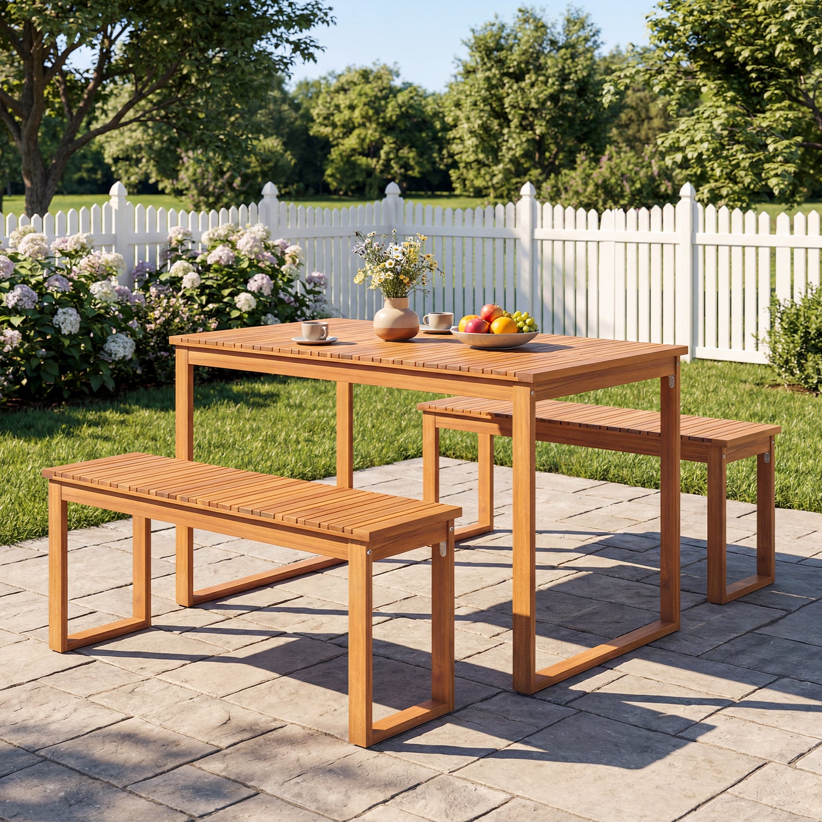Acacia Wood Outdoor Garden Bench Set of 1/2 with Slatted Seat for Front Porch-Set of 2