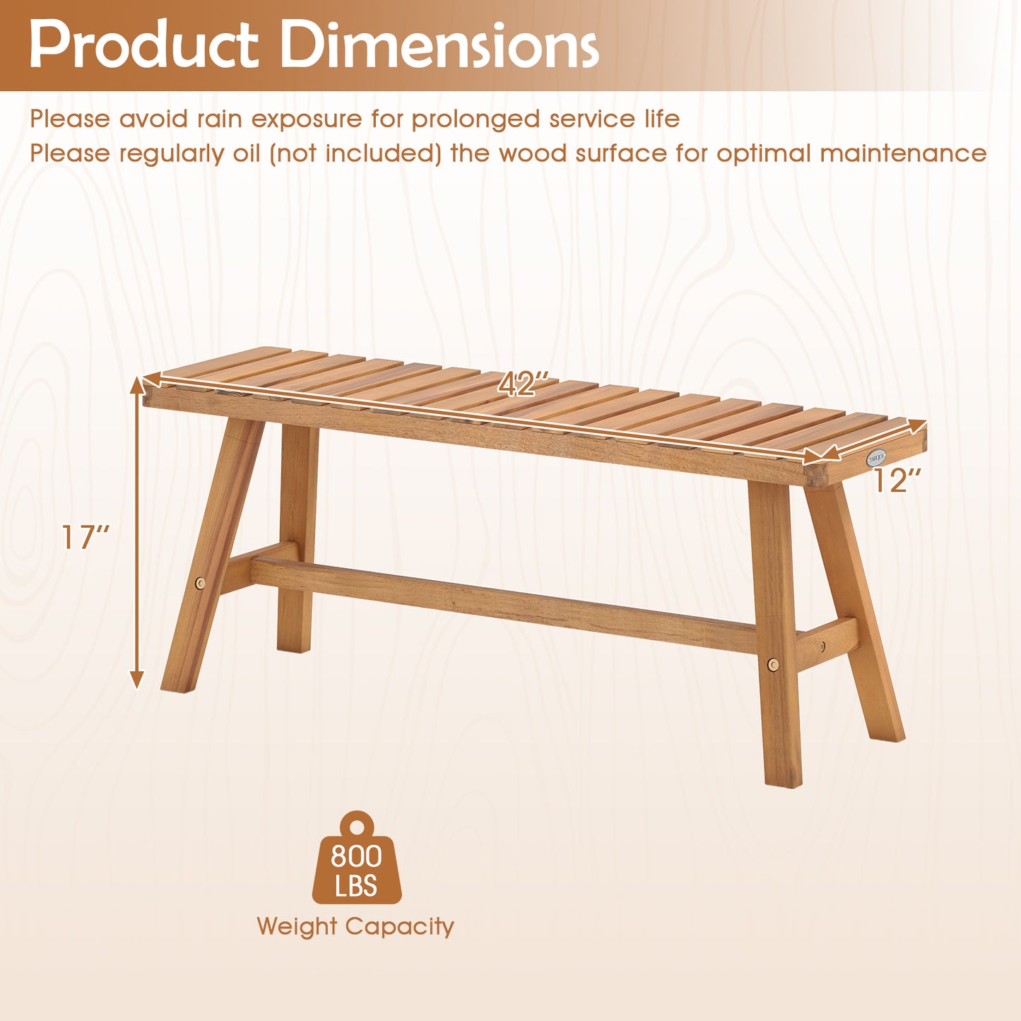 Acacia Wood Outdoor Garden Bench Set of 1/2 with Slatted Seat and 800 lbs Capacity-Set of 1