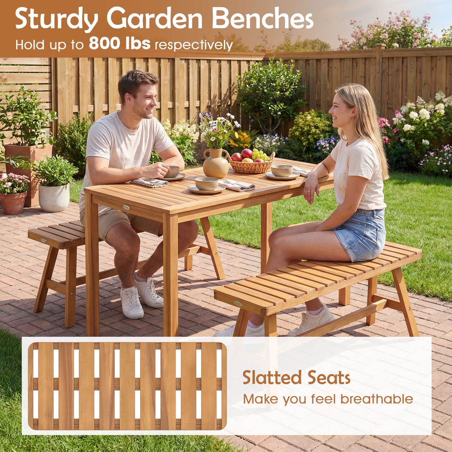 Acacia Wood Outdoor Garden Bench Set of 1/2 with Slatted Seat and 800 lbs Capacity-Set of 2