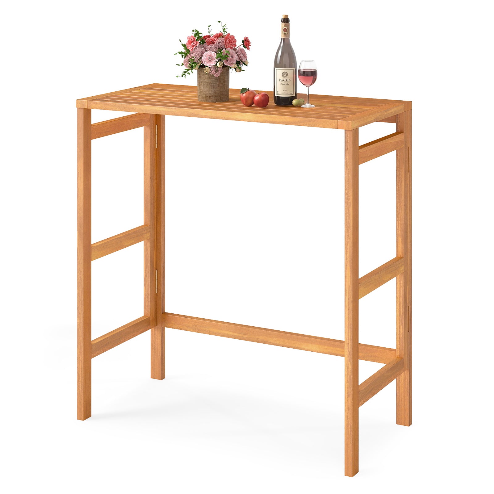 Acacia Wood Outdoor Bar Table with Slatted Tabletop for Balcony