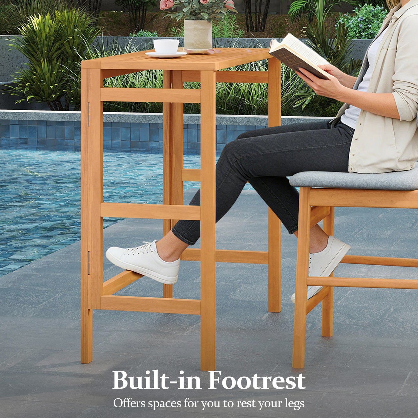 Acacia Wood Outdoor Bar Table with Slatted Tabletop for Balcony