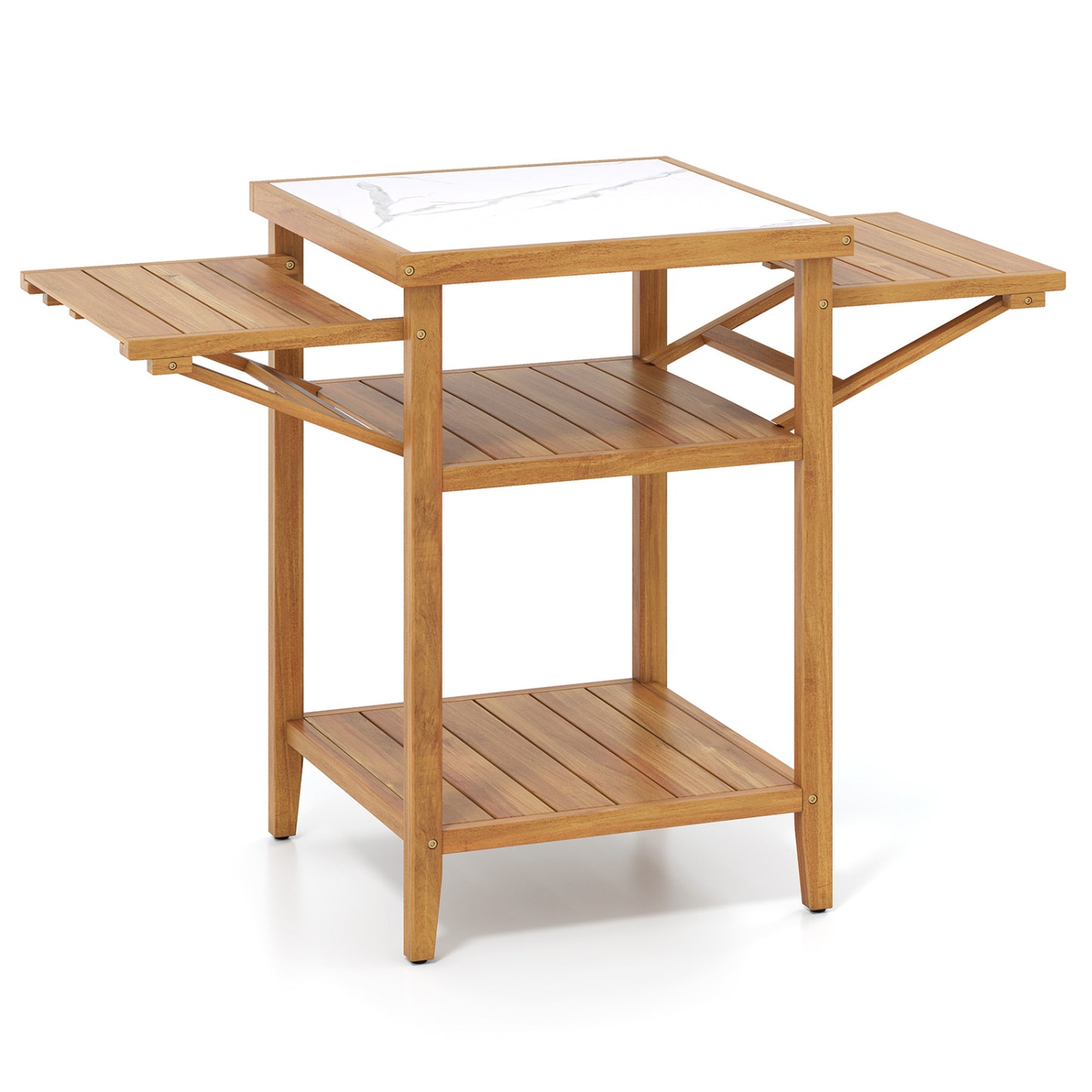 Acacia Wood Outdoor Grill Table with Faux Marble Top and Drop