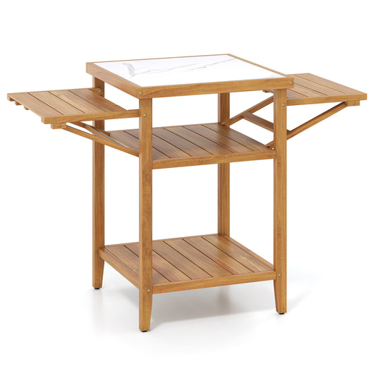 Acacia Wood Outdoor Grill Table with Faux Marble Top and Drop