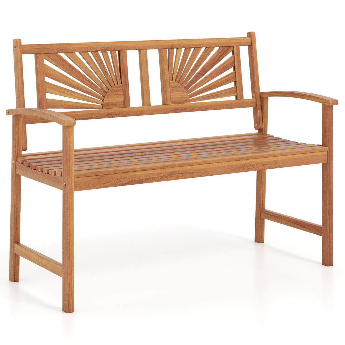 2-Person Acacia Wood Outdoor Garden Bench with Sunburst Back and Curved Armrests