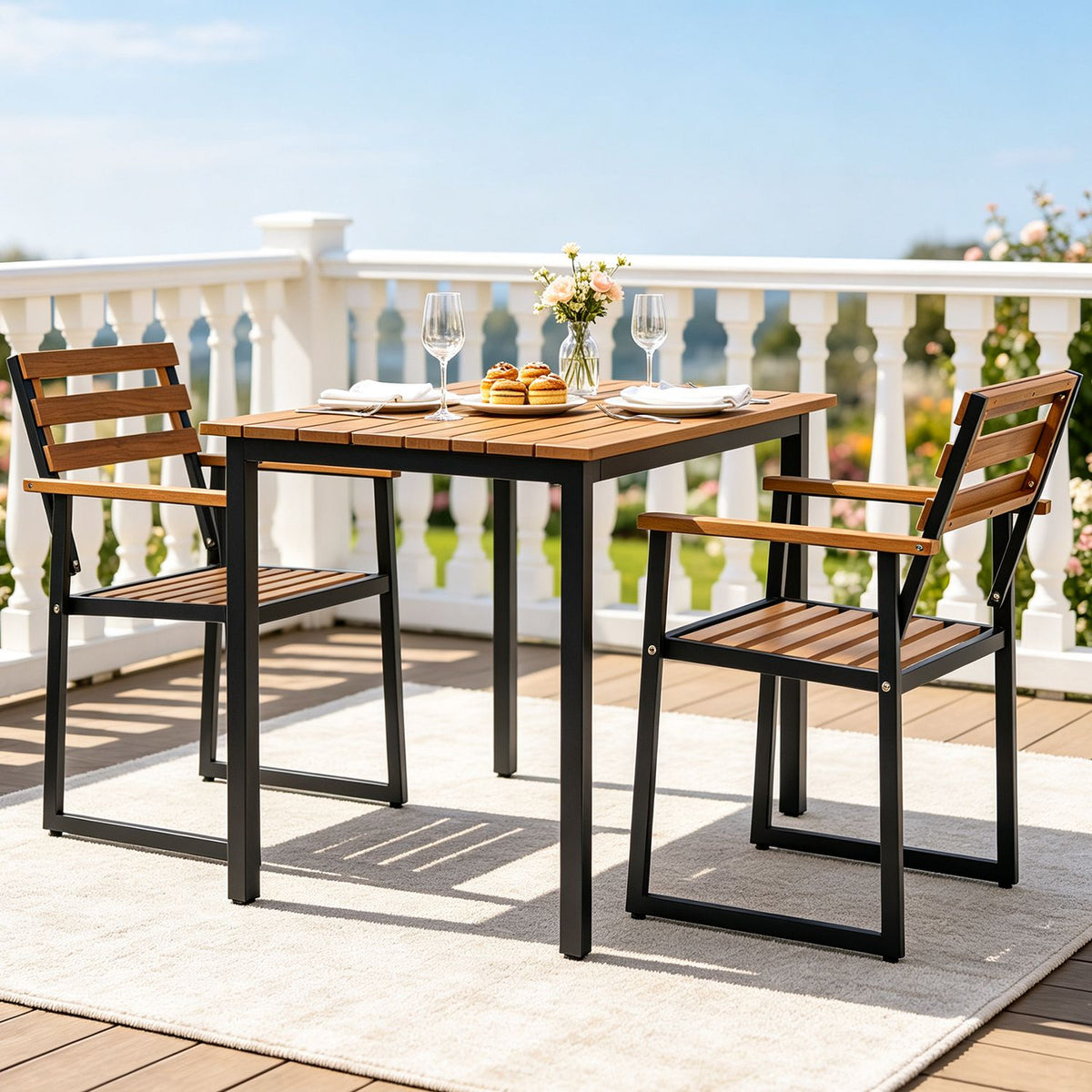 Acacia Wood Outdoor Dining Chairs Set of 2 with Heavy-Duty Metal Frame