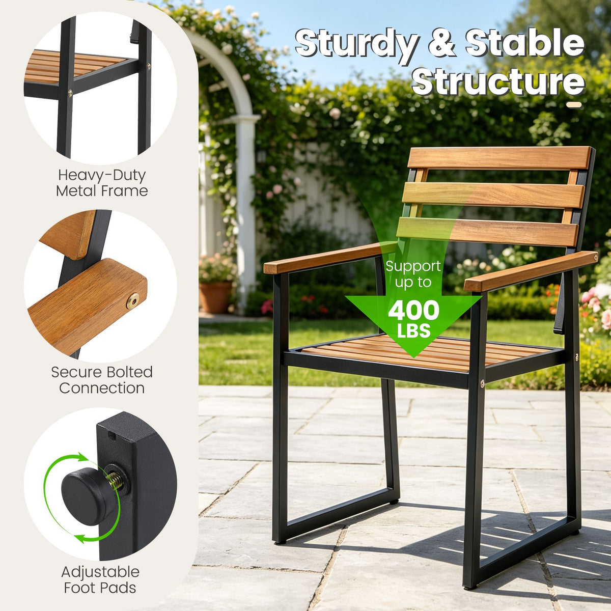 Acacia Wood Outdoor Dining Chairs Set of 2 with Heavy-Duty Metal Frame