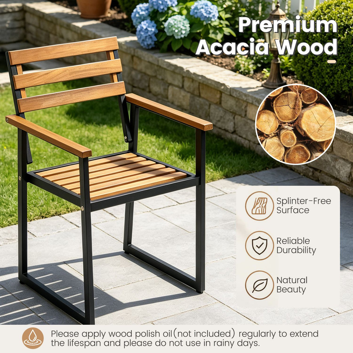 Acacia Wood Outdoor Dining Chairs Set of 2 with Heavy-Duty Metal Frame