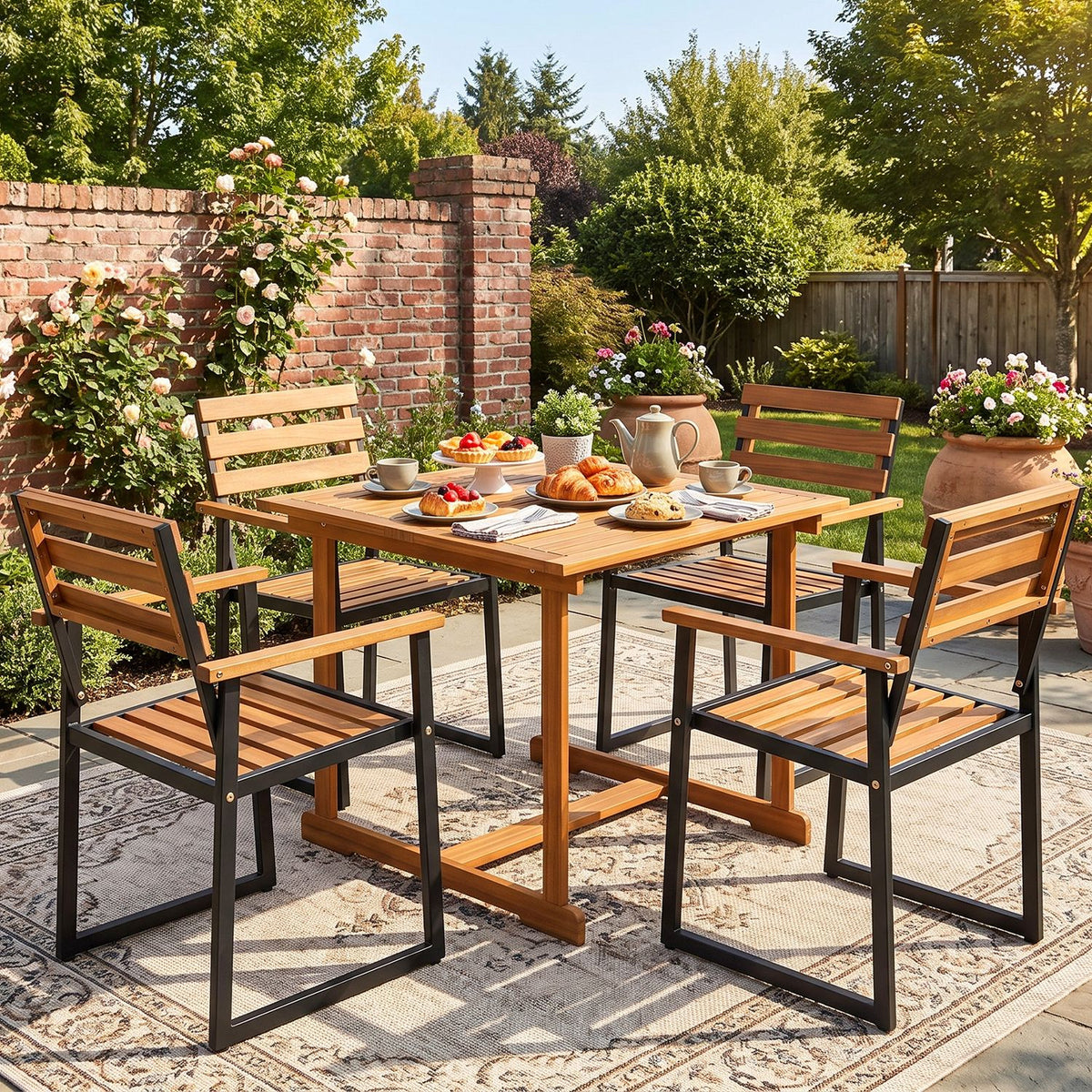 Acacia Wood Outdoor Dining Chairs Set of 2 with Heavy-Duty Metal Frame