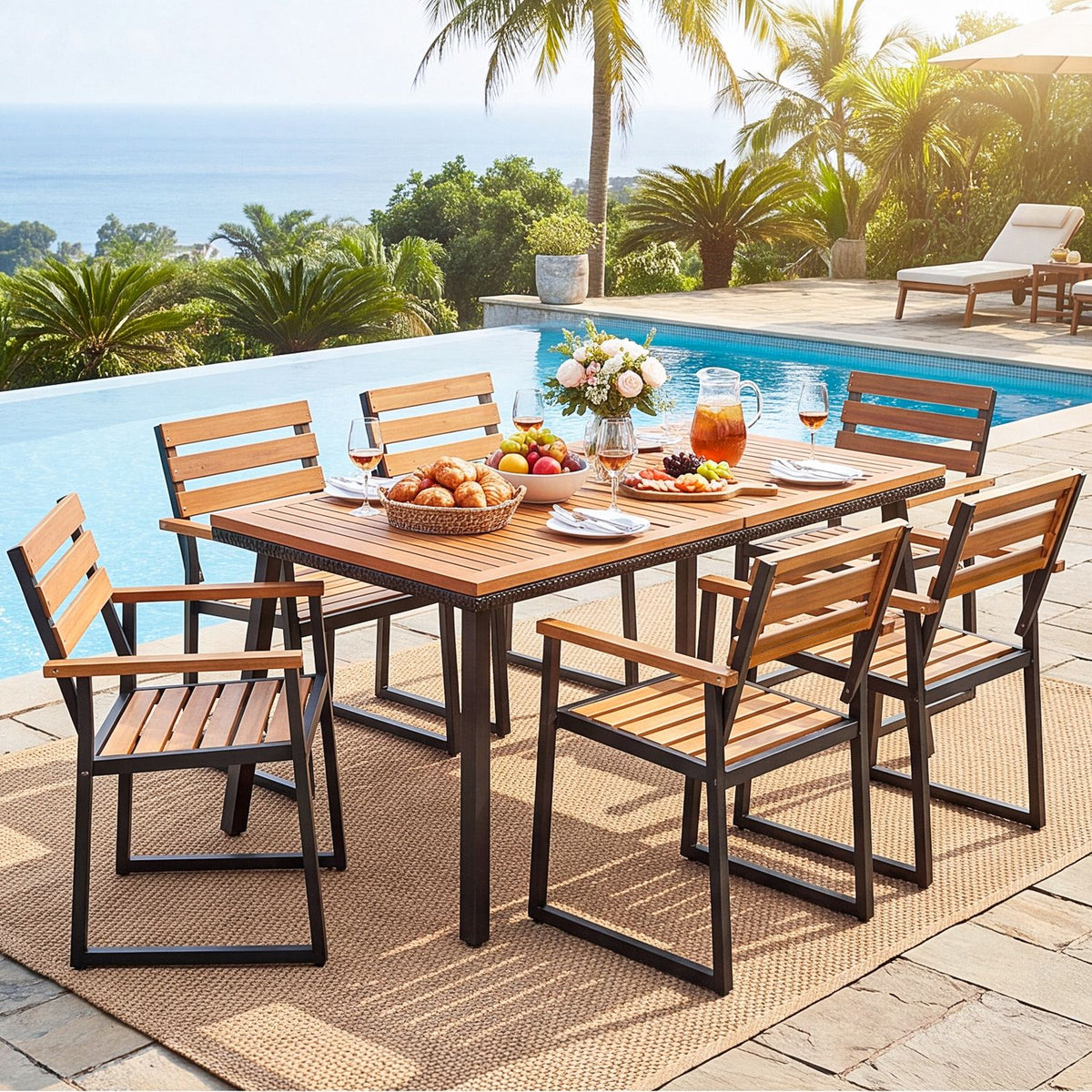 Acacia Wood Outdoor Dining Chairs Set of 2 with Heavy-Duty Metal Frame
