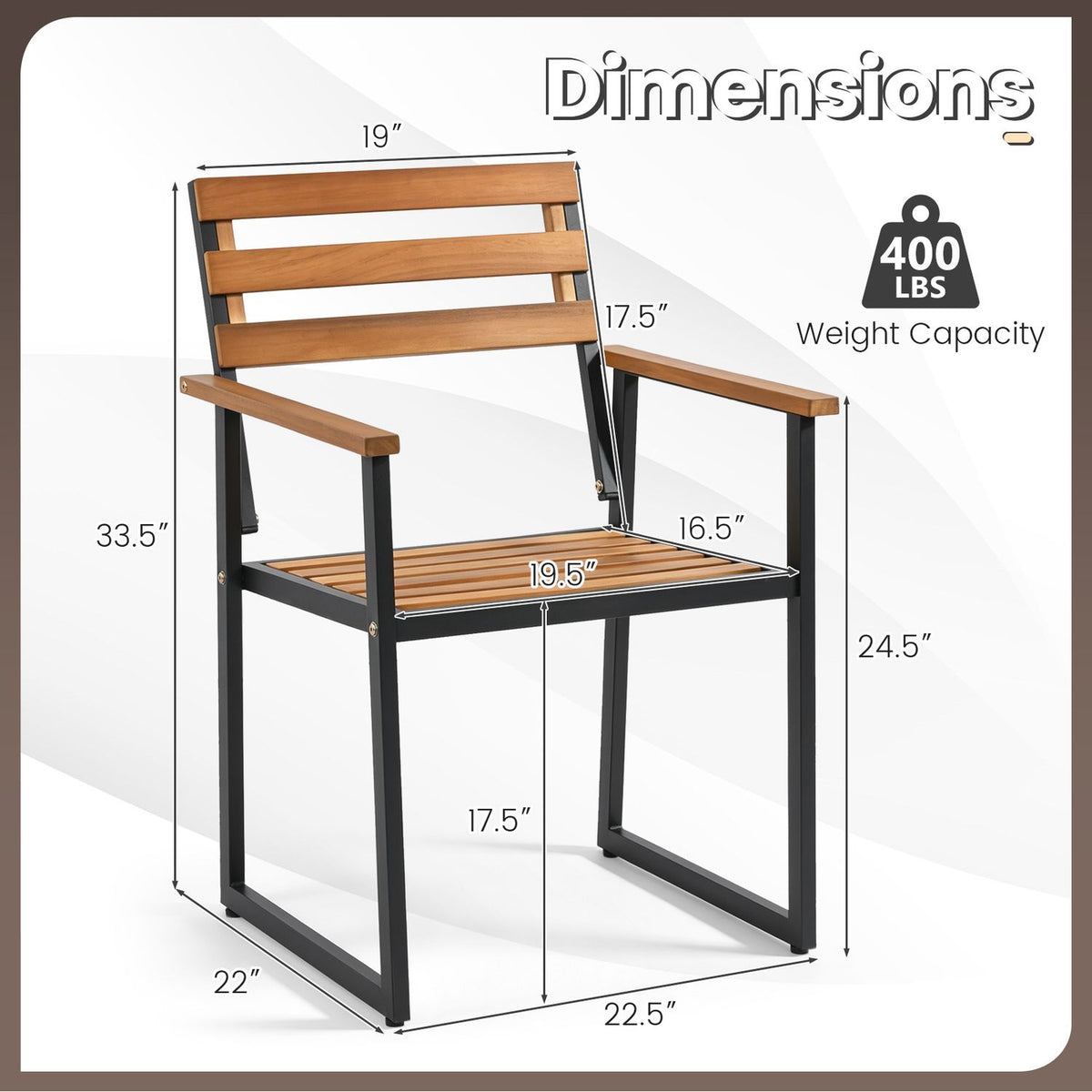 Acacia Wood Outdoor Dining Chairs Set of 2 with Heavy-Duty Metal Frame