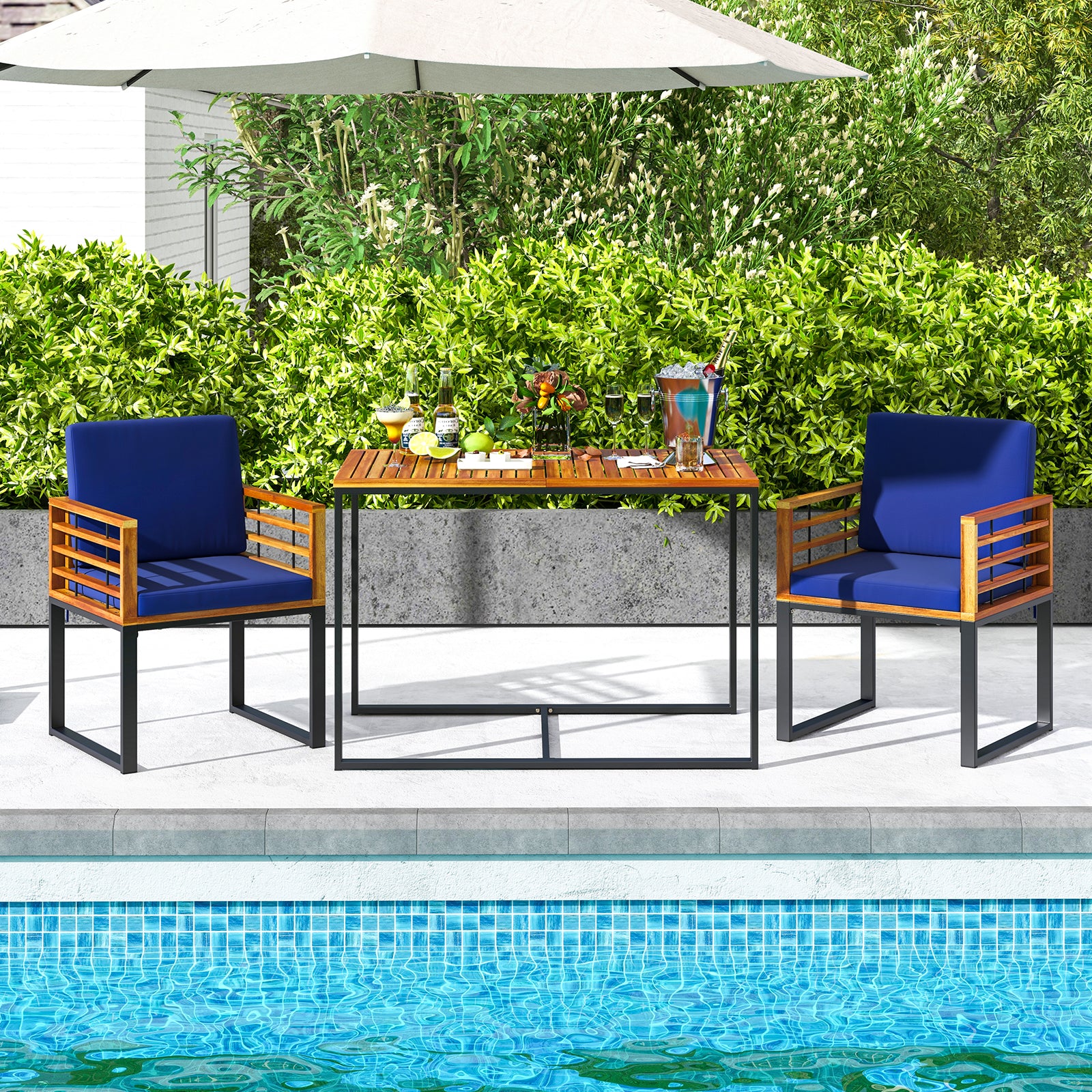 Acacia Wood Patio Dining Table with Metal Frame-Navy