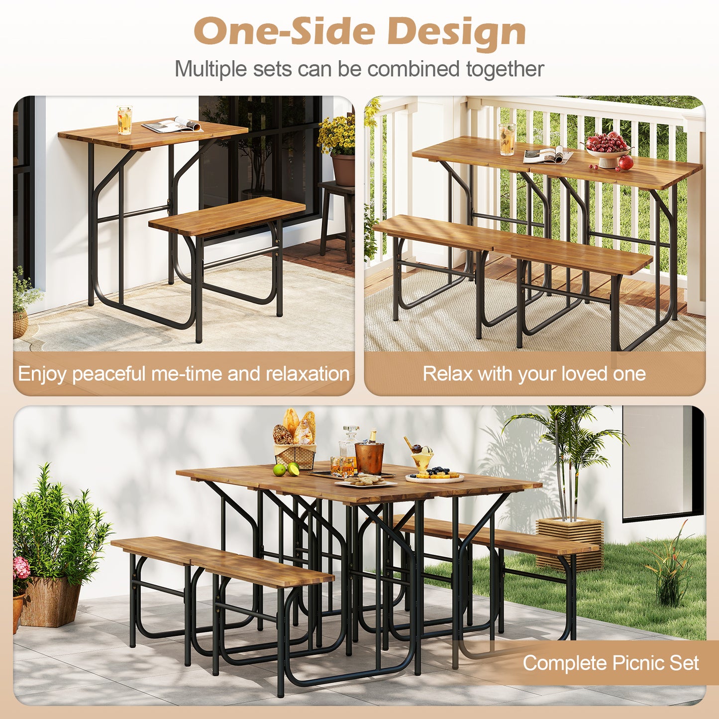 Acacia Wood Patio Table Bench Set One-Side Picnic Table and Seat