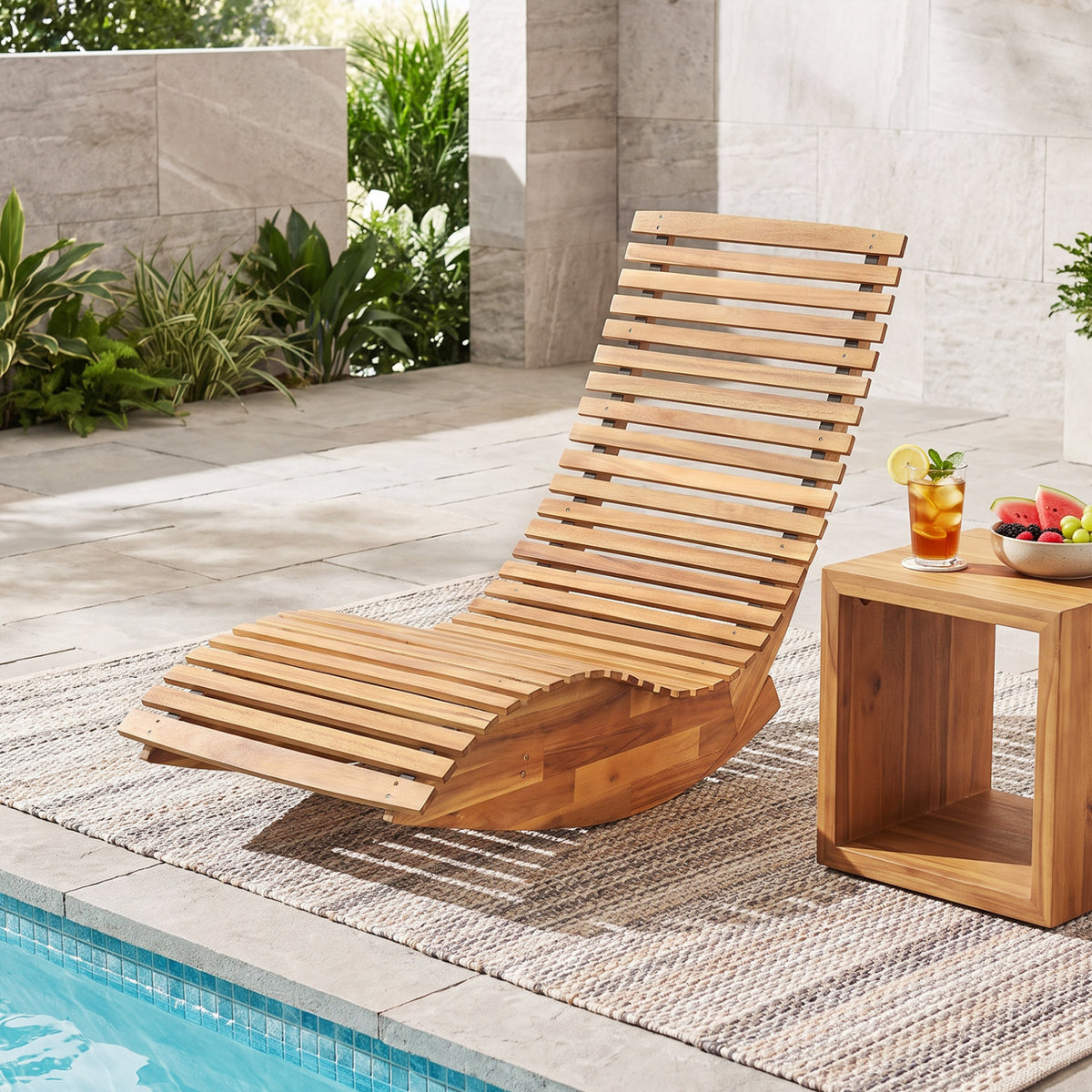 Acacia Wood Rocking Chaise Lounge Chair for Outdoor Patio