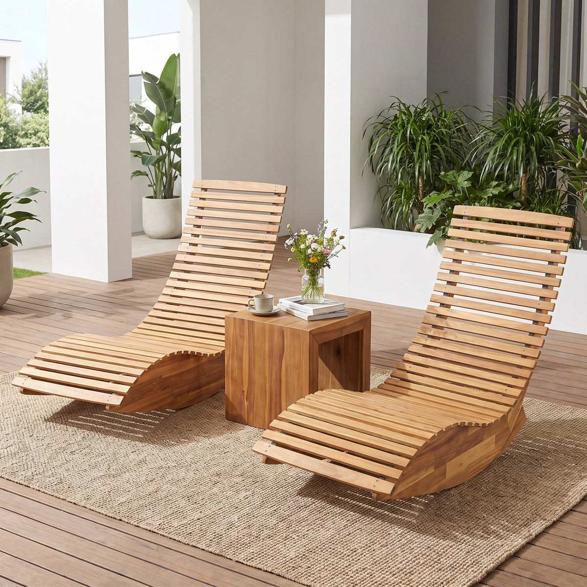 Acacia Wood Rocking Chaise Lounge Chair for Outdoor Patio