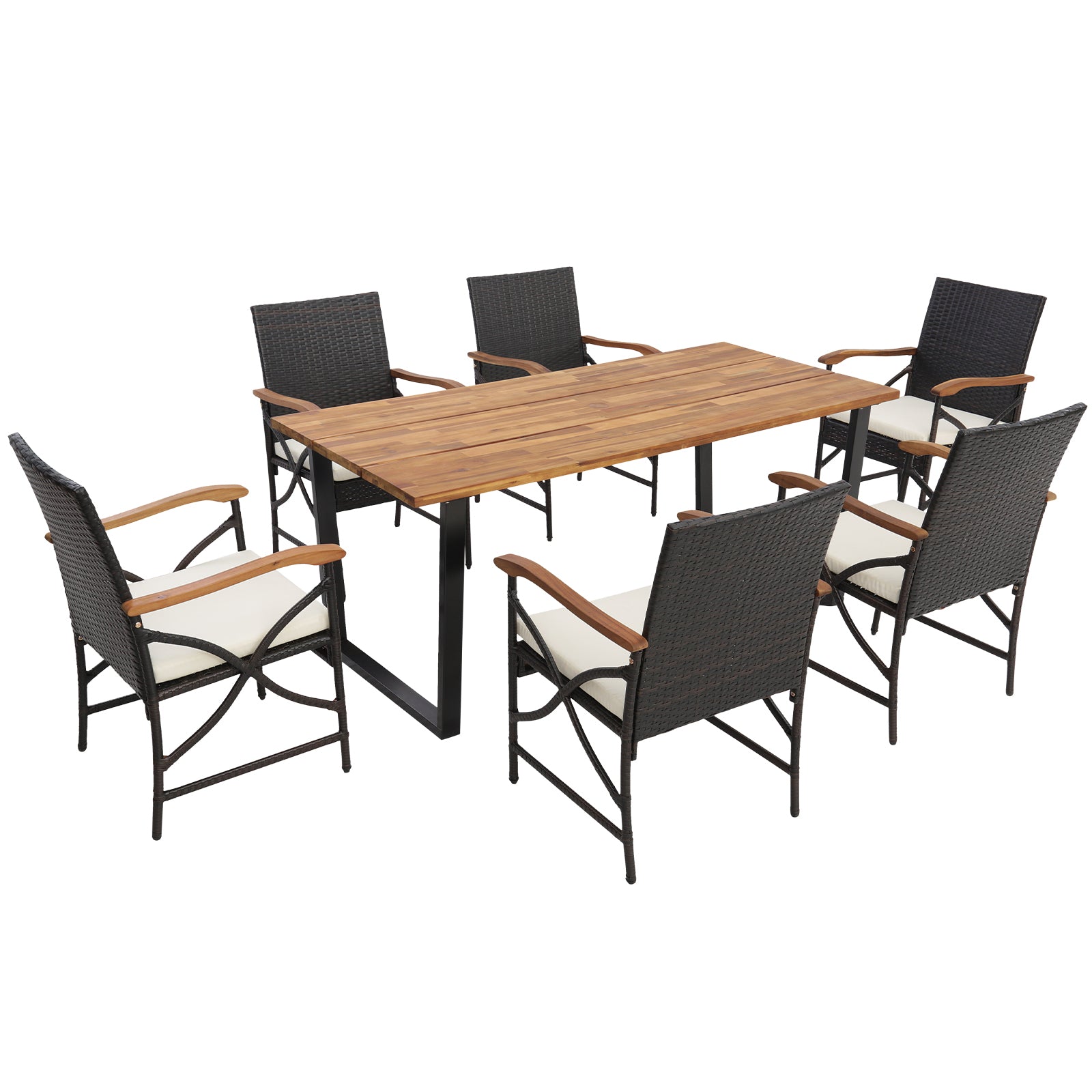 7 Pieces Patio Rattan Dining Set with Umbrella Hole-L-shaped Handrail - Side Handrail