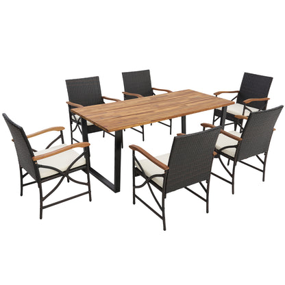 7 Pieces Patio Rattan Dining Set with Umbrella Hole-L-shaped Handrail - Side Handrail