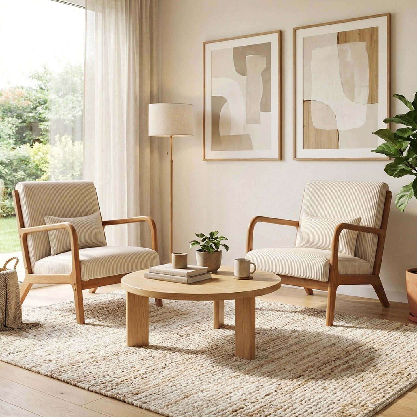 Accent Chair Corduroy Upholstered Lounge Chair with Lumbar Pillow-Beige