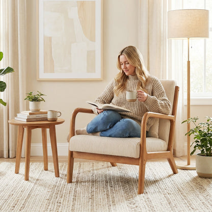 Accent Chair Corduroy Upholstered Lounge Chair with Lumbar Pillow-Beige