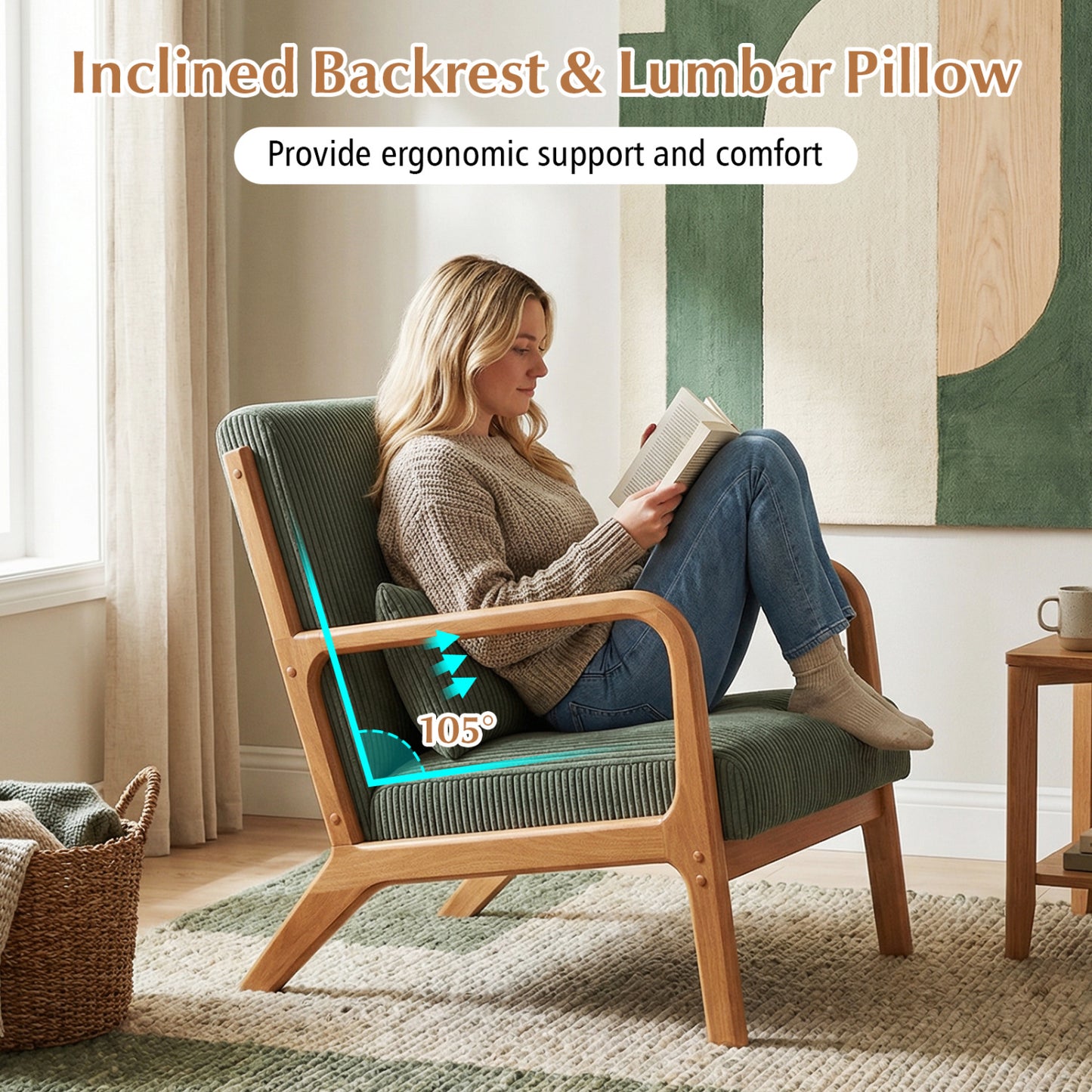 Accent Chair Corduroy Upholstered Lounge Chair with Lumbar Pillow-Green