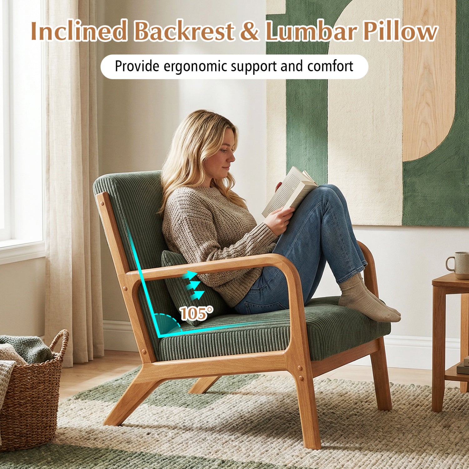 Accent Chair Corduroy Upholstered Lounge Chair with Lumbar Pillow-Green