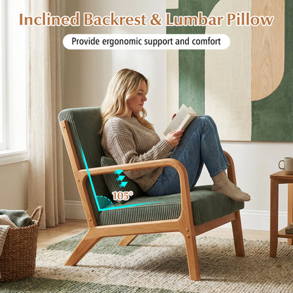 Accent Chair Corduroy Upholstered Lounge Chair with Lumbar Pillow-Green