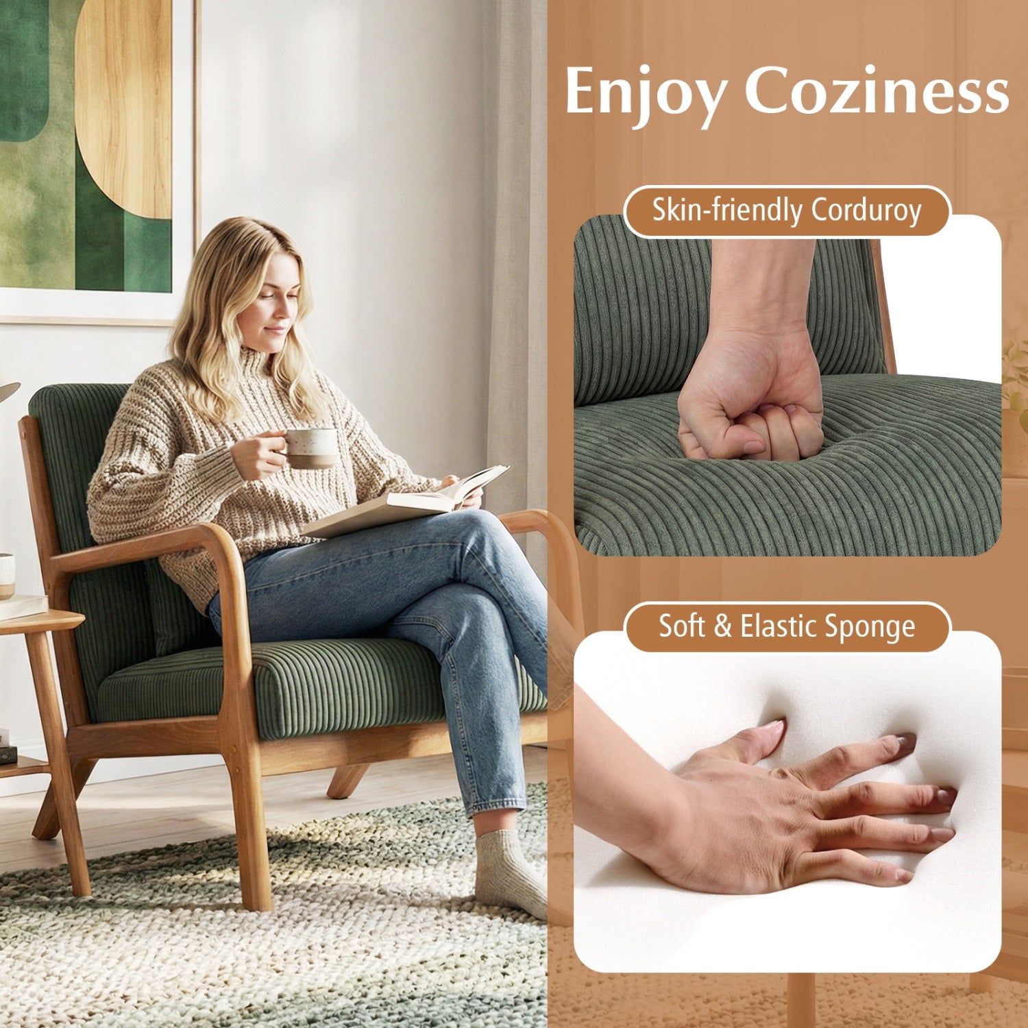 Accent Chair Corduroy Upholstered Lounge Chair with Lumbar Pillow-Green