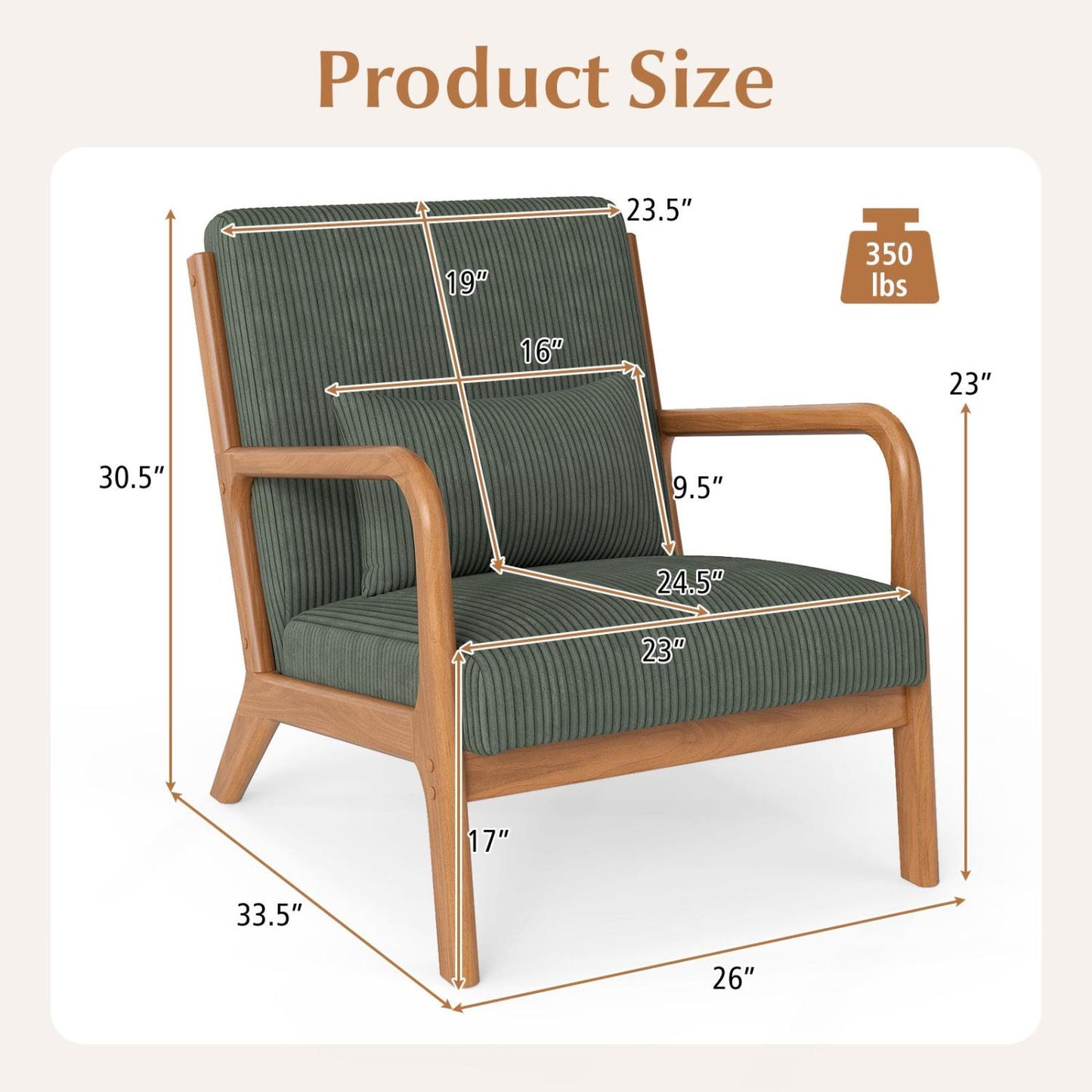 Accent Chair Corduroy Upholstered Lounge Chair with Lumbar Pillow-Green